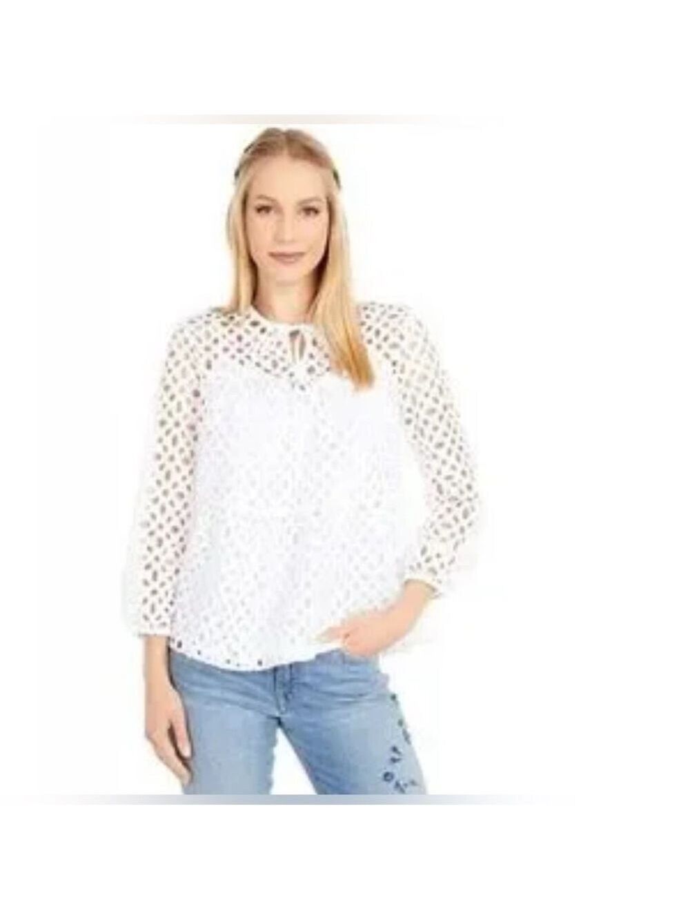 J Crew Tiered Babydoll White Eyelet Beachy Cottagecore Blouse Top M - Picture 2 of 8